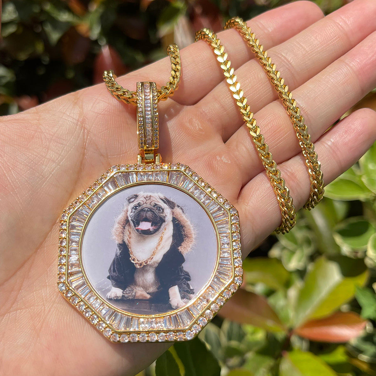 Stones and Baguette Octagon Custom Photo Picture Pendant Necklace 