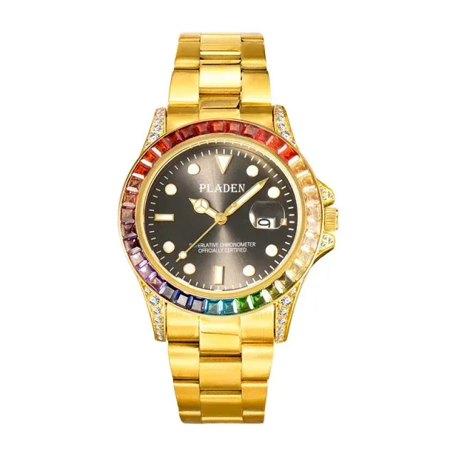 Luxury 18k Gold Men's Iced Out Watch | Stainless Steel Round Wristwatch | Hip Hop Exquisite Male Clock | Caratix - CaratixJewelry