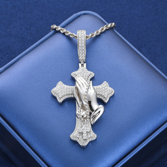 The Power of Prayer Solid 925 Silver Prayer Hands Cross Pendant – Moissanite Diamond Hip Hop Jewelry