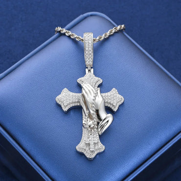 The Power of Prayer Solid 925 Silver Prayer Hands Cross Pendant – Moissanite Hip Hop Jewelry - CaratixJewelry