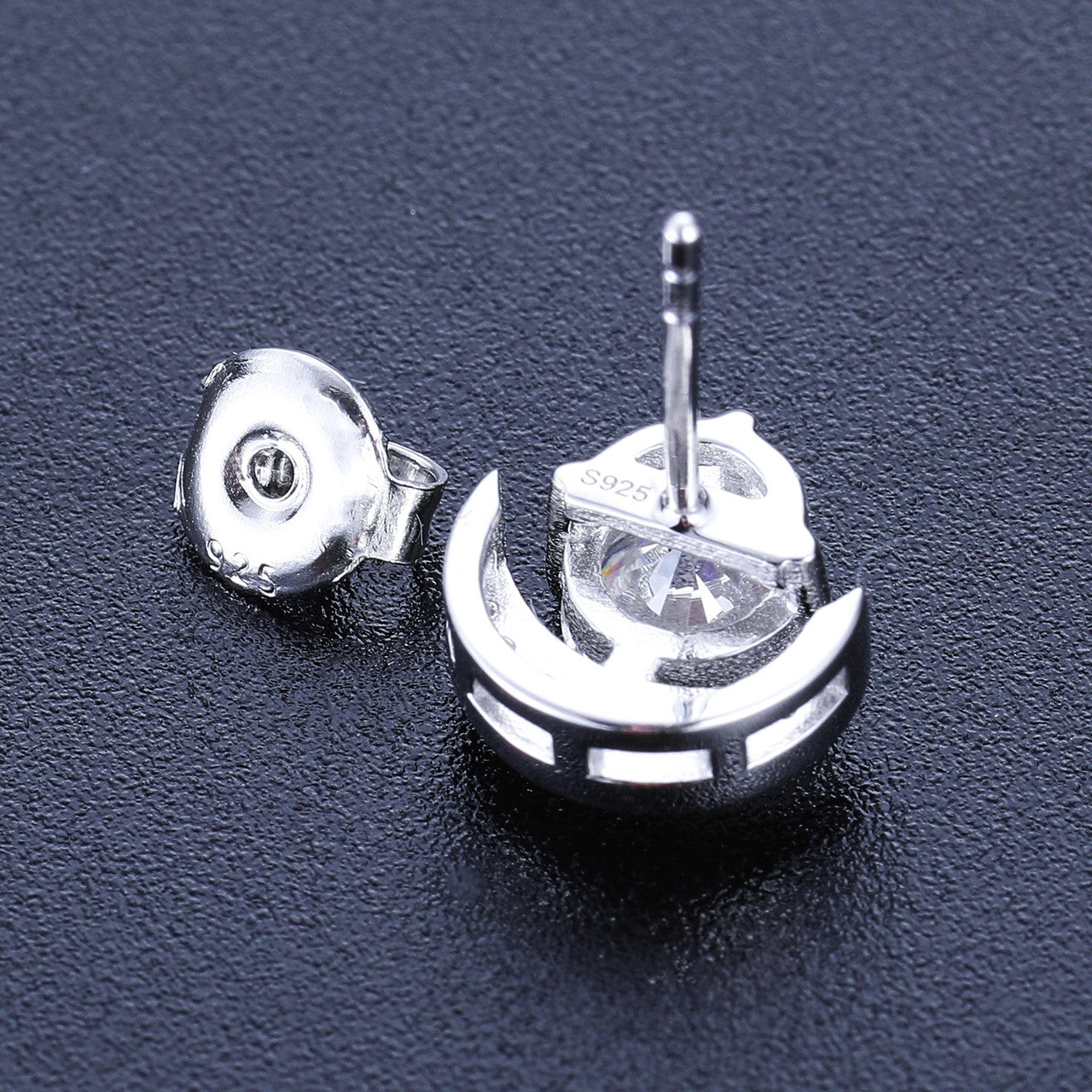 Genuine VVS Diamond Solid Sterling Silver Crescent Moon Stud Earrings – Black & White Iced Bling Jewelry