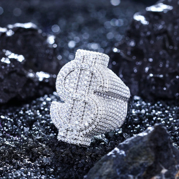 Anillos de hip hop de plata esterlina maciza con símbolo de dólar y diamantes VVS genuinos