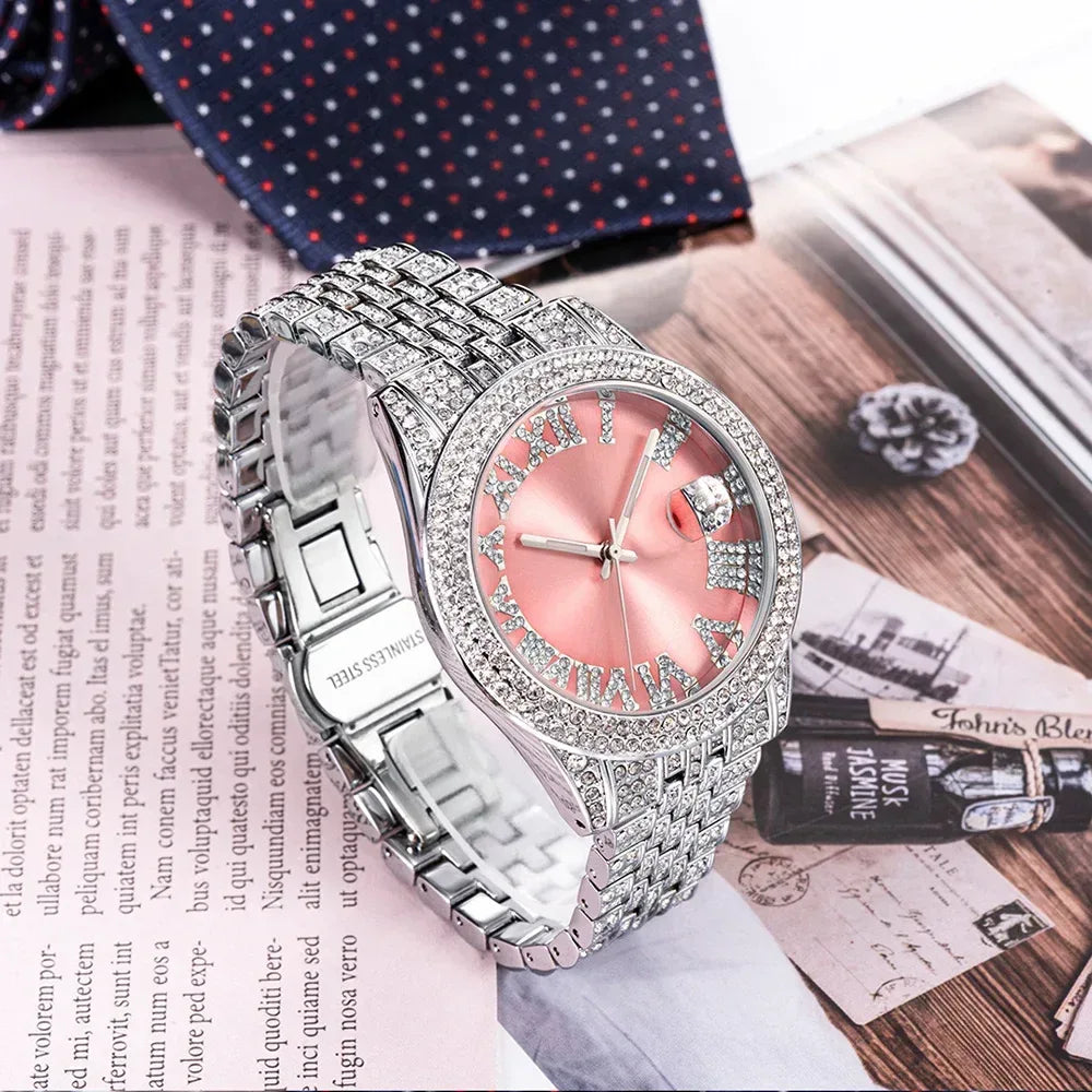 Luxury 18K Gold Men's Iced Out Watch | Full Stainless Steel Wristwatch | Luminous Waterproof Calendar Clock | Caratix - CaratixJewelry