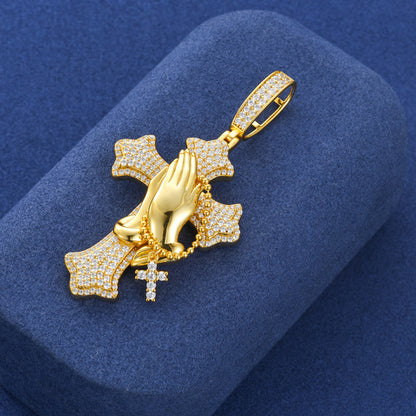 The Power of Prayer Solid 925 Silver Prayer Hands Cross Pendant – Moissanite Diamond Hip Hop Jewelry
