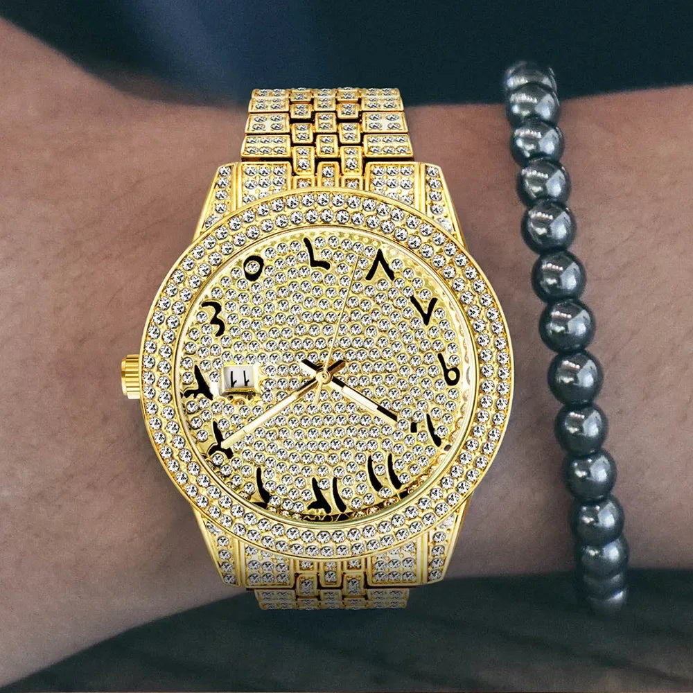 Luxury 18K Gold Men's Iced Out Watch | Full Stainless Steel Wristwatch | Luminous Waterproof Calendar Clock | Caratix - CaratixJewelry