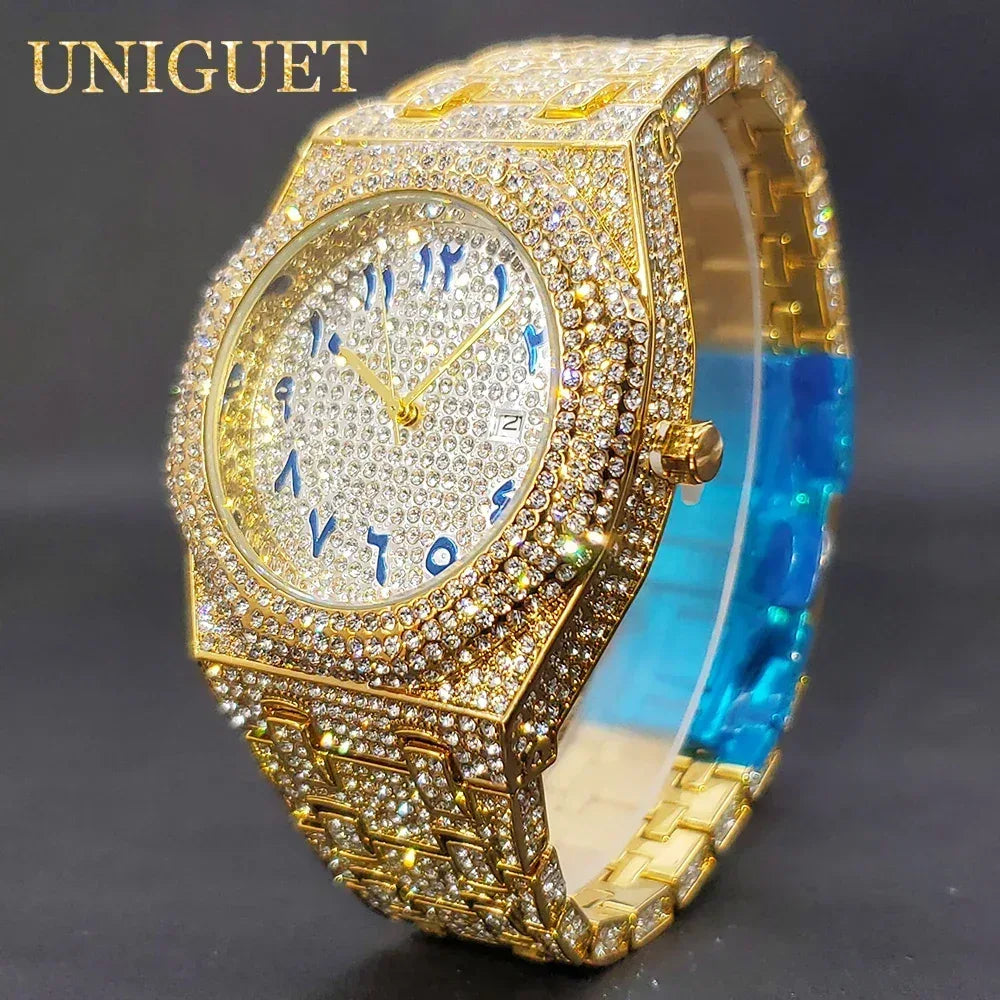 Luxury Octagonal Gold Watch for Men | Blue Numerals Full Iced Out Watch | Waterproof Calendar Hip Hop Wristwatch | Caratix - CaratixJewelry