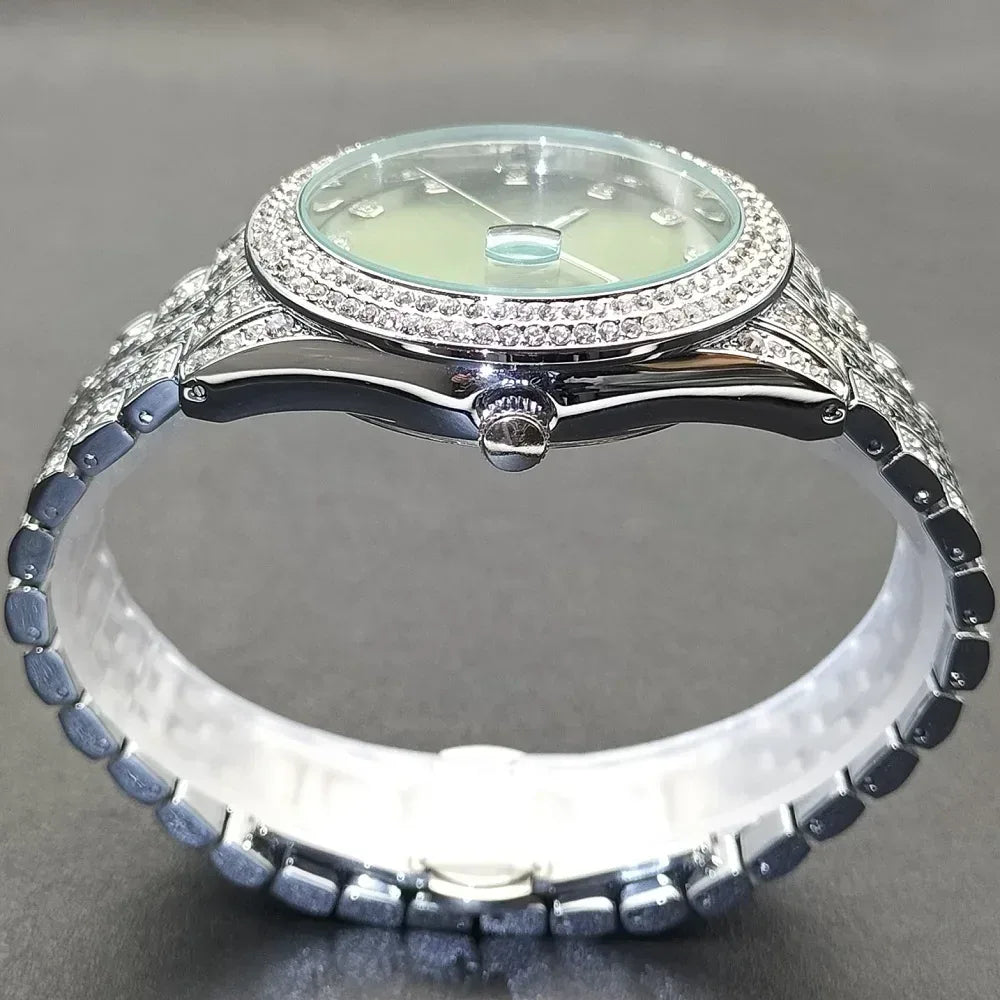Luxury Men's Green Dial Stainless Steel Watch | Shockproof Waterproof Quartz Clock | Classic Calendar Iced Out Watch | Caratix - CaratixJewelry