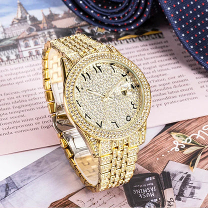 Luxury 18K Gold Men's Iced Out Watch | Full Stainless Steel Wristwatch | Luminous Waterproof Calendar Clock | Caratix - CaratixJewelry
