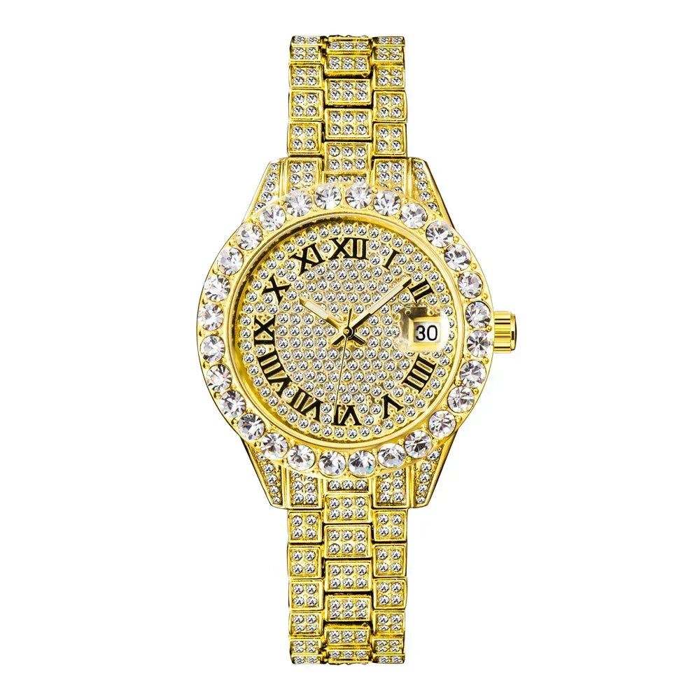 Small Pink Watch for Women | Elegant Iced Out Mini Dial Dress Watch | Luxury Calendar Ladies Wristwatch | Geschenk Frauen | Caratix - CaratixJewelry