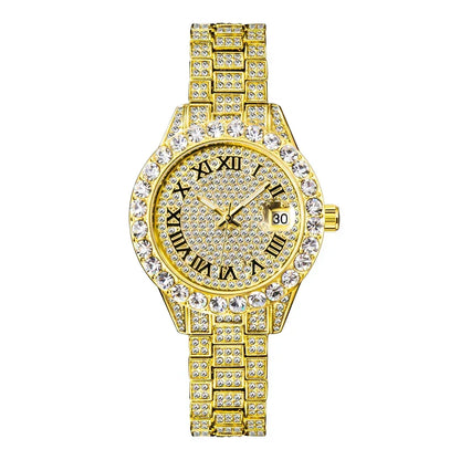 Small Pink Watch for Women | Elegant Iced Out Mini Dial Dress Watch | Luxury Calendar Ladies Wristwatch | Geschenk Frauen | Caratix - CaratixJewelry