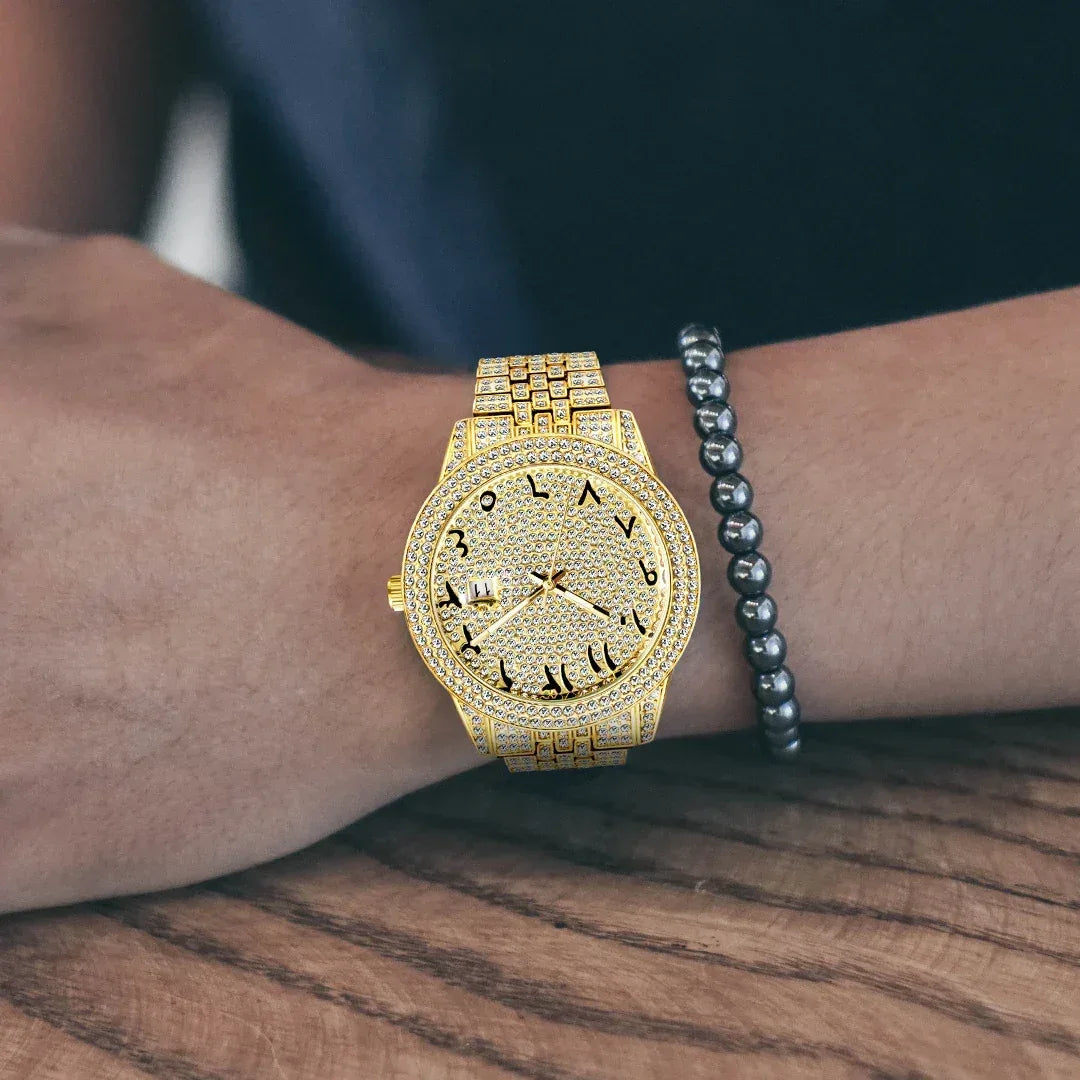 Luxury 18K Gold Men's Iced Out Watch | Full Stainless Steel Wristwatch | Luminous Waterproof Calendar Clock | Caratix - CaratixJewelry
