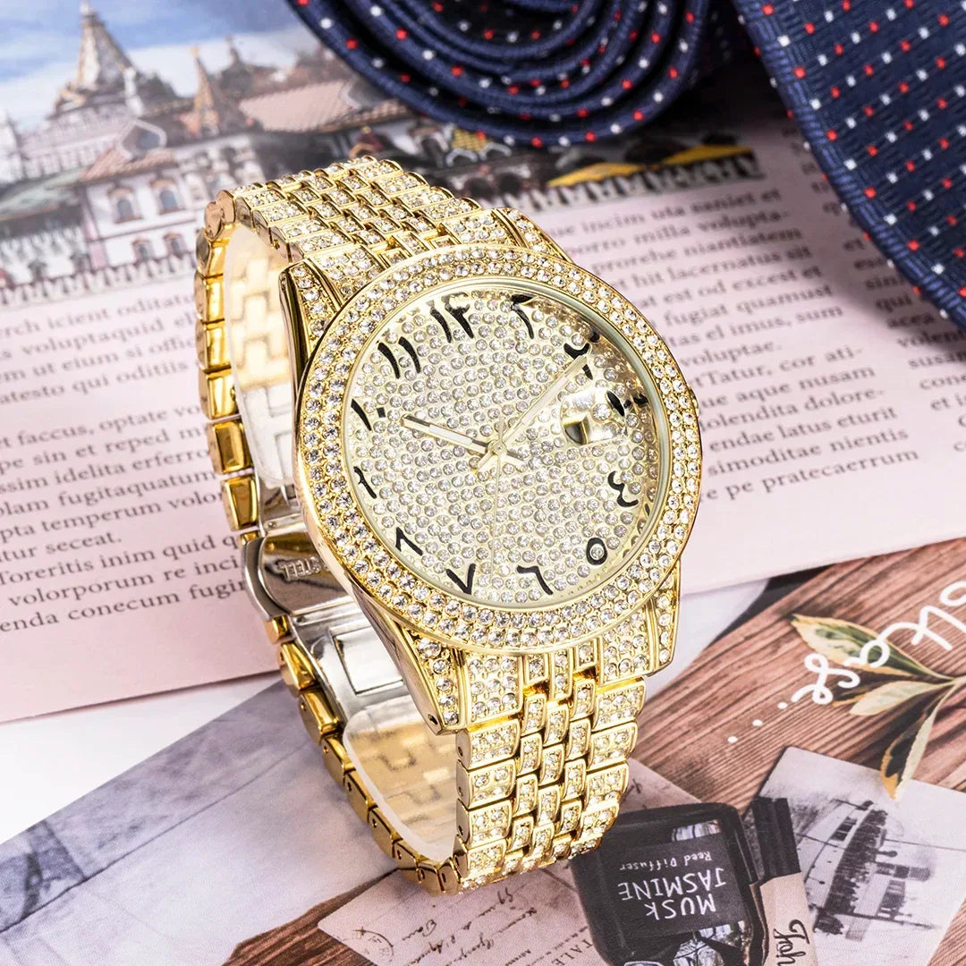 Luxury 18K Gold Men's Iced Out Watch | Full Stainless Steel Wristwatch | Luminous Waterproof Calendar Clock | Caratix - CaratixJewelry