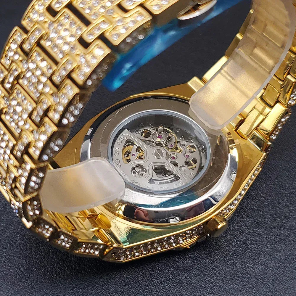 Luxury Men's Automatic Mechanical Iced Out Watch | Hollow Skeleton Dial Full | Luminous Hip Hop Watch | Caratix - CaratixJewelry