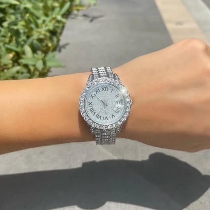 Small Pink Watch for Women | Elegant Iced Out Mini Dial Dress Watch | Luxury Calendar Ladies Wristwatch | Geschenk Frauen | Caratix - CaratixJewelry