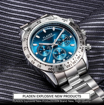 Luxury Three-Eye Men's Watch | Blue Dial Full Stainless Steel Iced Out Watch | Multifunctional Waterproof Quartz Clock | Caratix - CaratixJewelry
