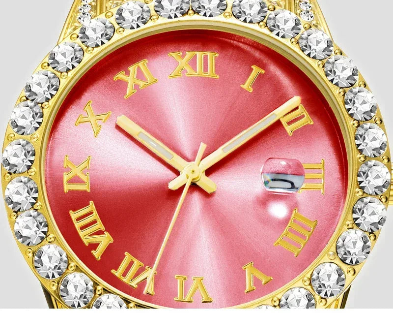 Small Pink Watch for Women | Elegant Iced Out Mini Dial Dress Watch | Luxury Calendar Ladies Wristwatch | Geschenk Frauen | Caratix - CaratixJewelry