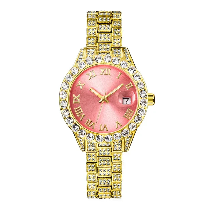 Small Pink Watch for Women | Elegant Iced Out Mini Dial Dress Watch | Luxury Calendar Ladies Wristwatch | Geschenk Frauen | Caratix - CaratixJewelry