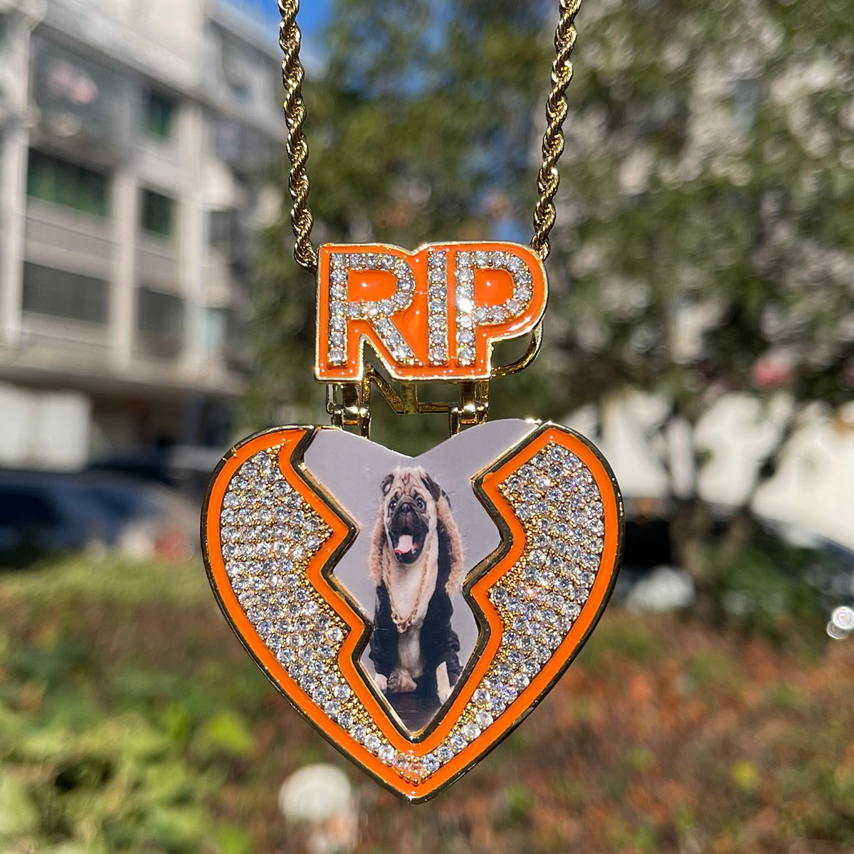 Broken Heart RIP Glow-in-the-Dark Custom Photo Pendant Necklace – Iced Out Hip Hop Jewelry