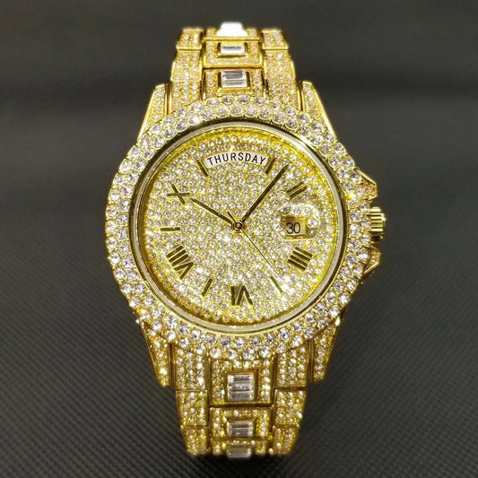 Luxury Day Date Iced Out Watch for Men | Hip Hop Rap Singer Wristwatch | West Coast Street Style Bling Jewelry Clock | Quartz Watch | Caratix - CaratixJewelry