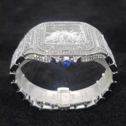 Luxury Men's Square Skeleton Watch | Iced Out Watch Stainless Steel Bracelet | Business Casual Quartz Wristwatch | Man Fashion Clock | Caratix - CaratixJewelry