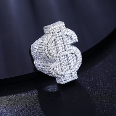 Anillos de hip hop de plata esterlina maciza con símbolo de dólar y diamantes VVS genuinos