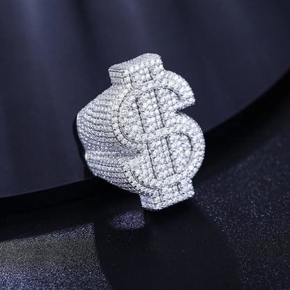 Anillos de hip hop de plata esterlina maciza con símbolo de dólar y diamantes VVS genuinos
