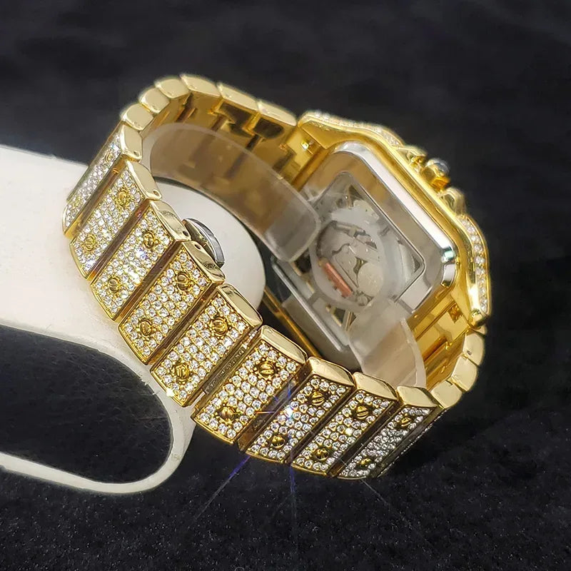 Luxury Men's Square Skeleton Watch | Iced Out Watch Stainless Steel Bracelet | Business Casual Quartz Wristwatch | Man Fashion Clock | Caratix - CaratixJewelry