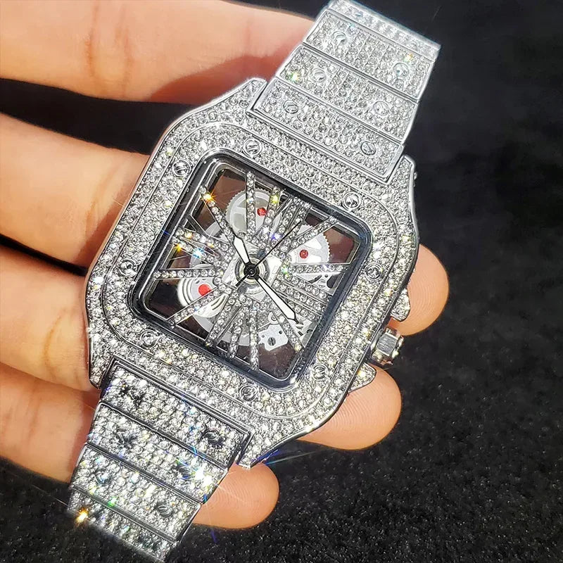 Luxury Men's Square Skeleton Watch | Iced Out Watch Stainless Steel Bracelet | Business Casual Quartz Wristwatch | Man Fashion Clock | Caratix - CaratixJewelry