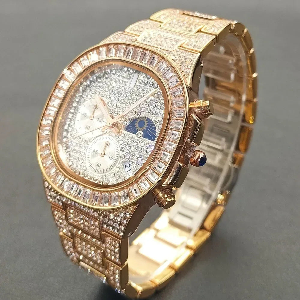 New Men's Bling Iced Out Watch | Luxury Quartz Wristwatch | Waterproof Luminous Calendar Mens Clock | Caratix - CaratixJewelry