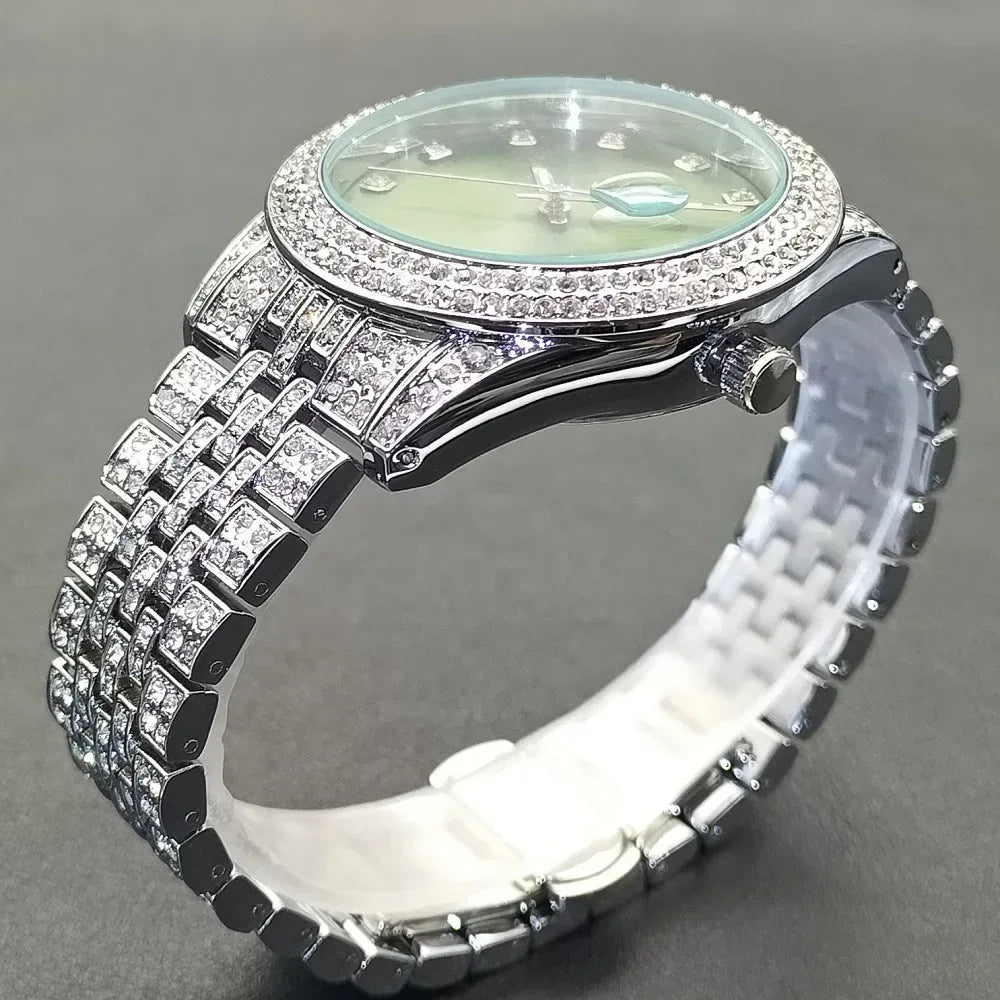 Luxury Men's Green Dial Stainless Steel Watch | Shockproof Waterproof Quartz Clock | Classic Calendar Iced Out Watch | Caratix - CaratixJewelry