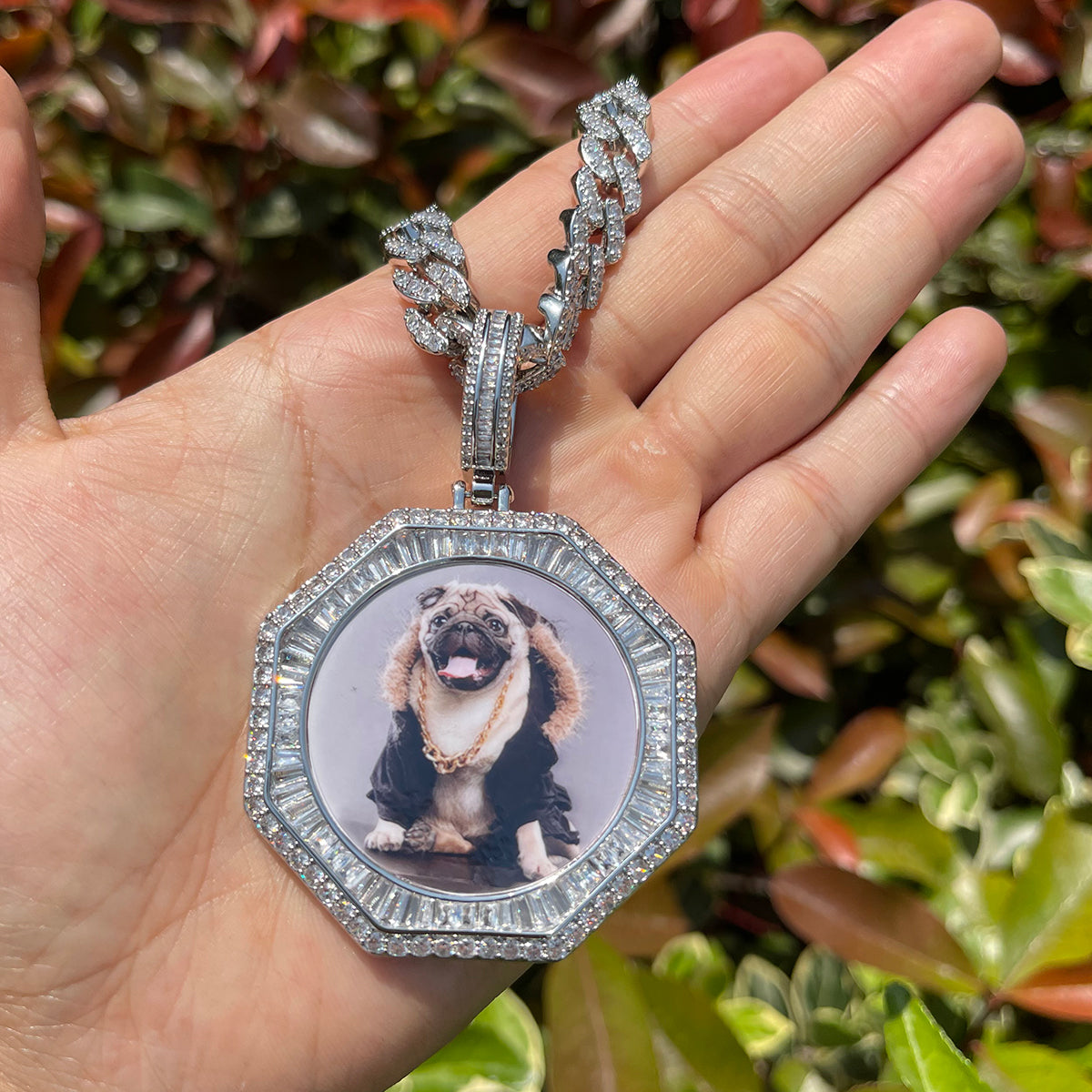 Stones and Baguette Octagon Custom Photo Picture Pendant Necklace 