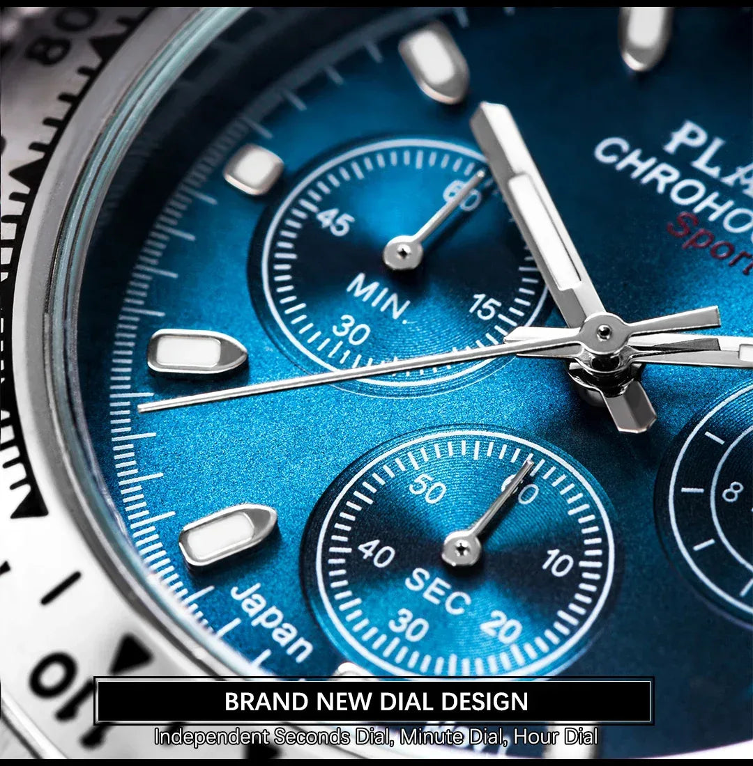 Luxury Three-Eye Men's Watch | Blue Dial Full Stainless Steel Iced Out Watch | Multifunctional Waterproof Quartz Clock | Caratix - CaratixJewelry