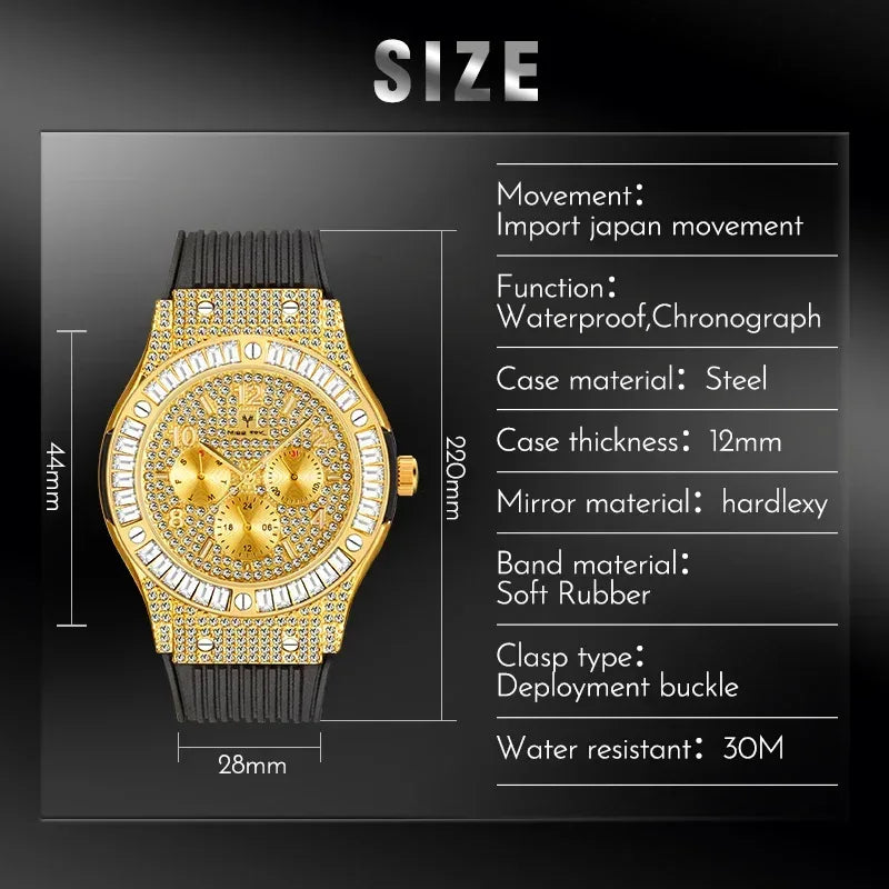 Luxury Rose Gold Men's Iced Out Watch | Quartz Wristwatch with Rubber Strap | Waterproof Silicone Reloj Gift | Caratix - CaratixJewelry