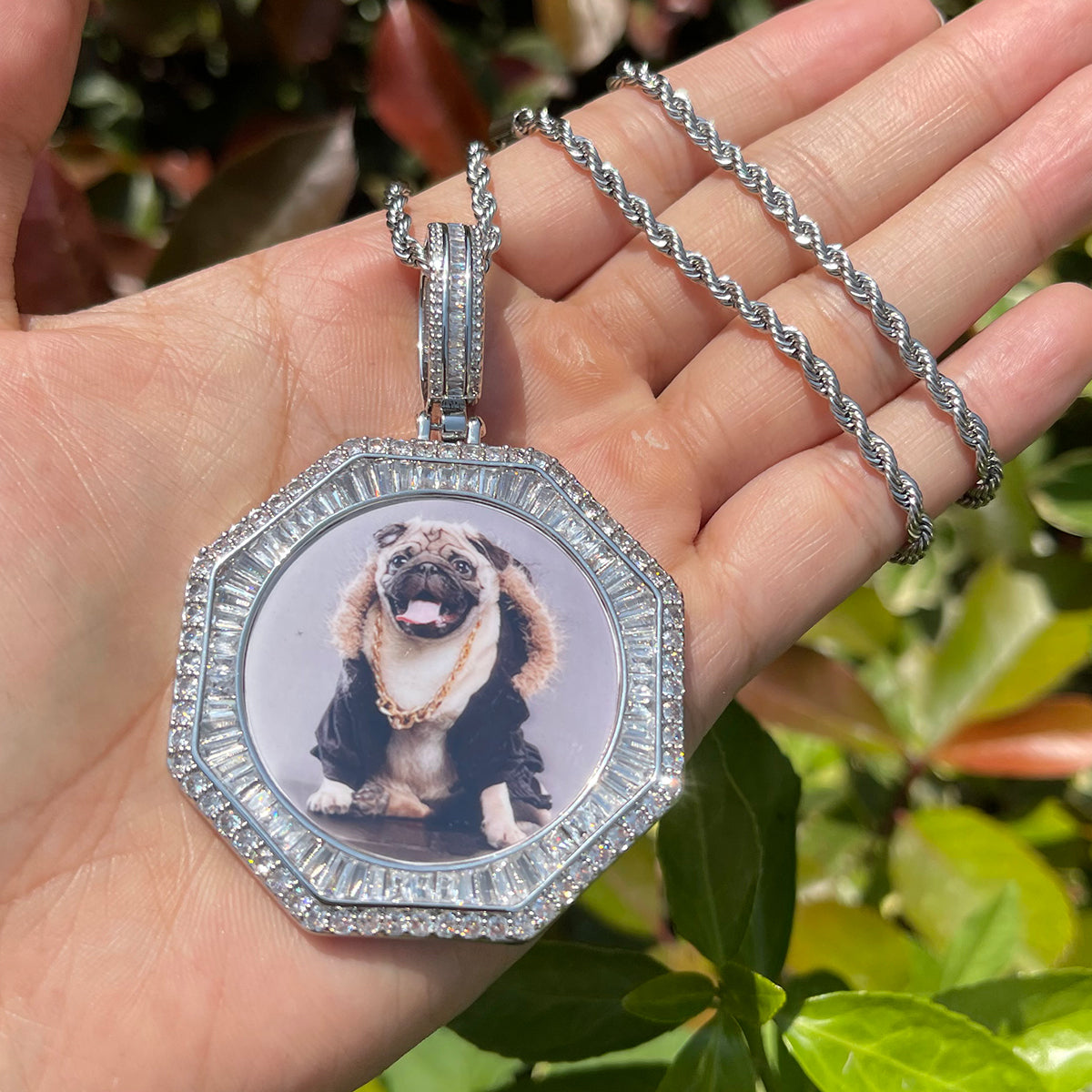 Stones and Baguette Octagon Custom Photo Picture Pendant Necklace 