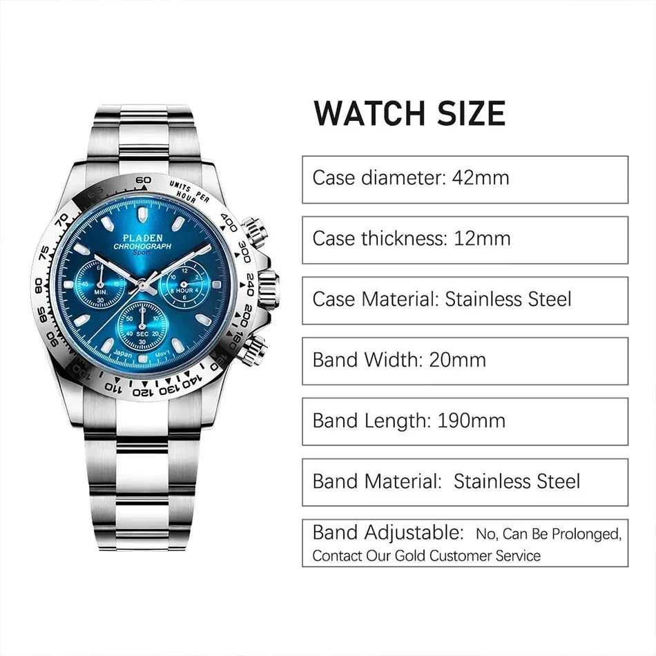 Luxury Three-Eye Men's Watch | Blue Dial Full Stainless Steel Iced Out Watch | Multifunctional Waterproof Quartz Clock | Caratix - CaratixJewelry