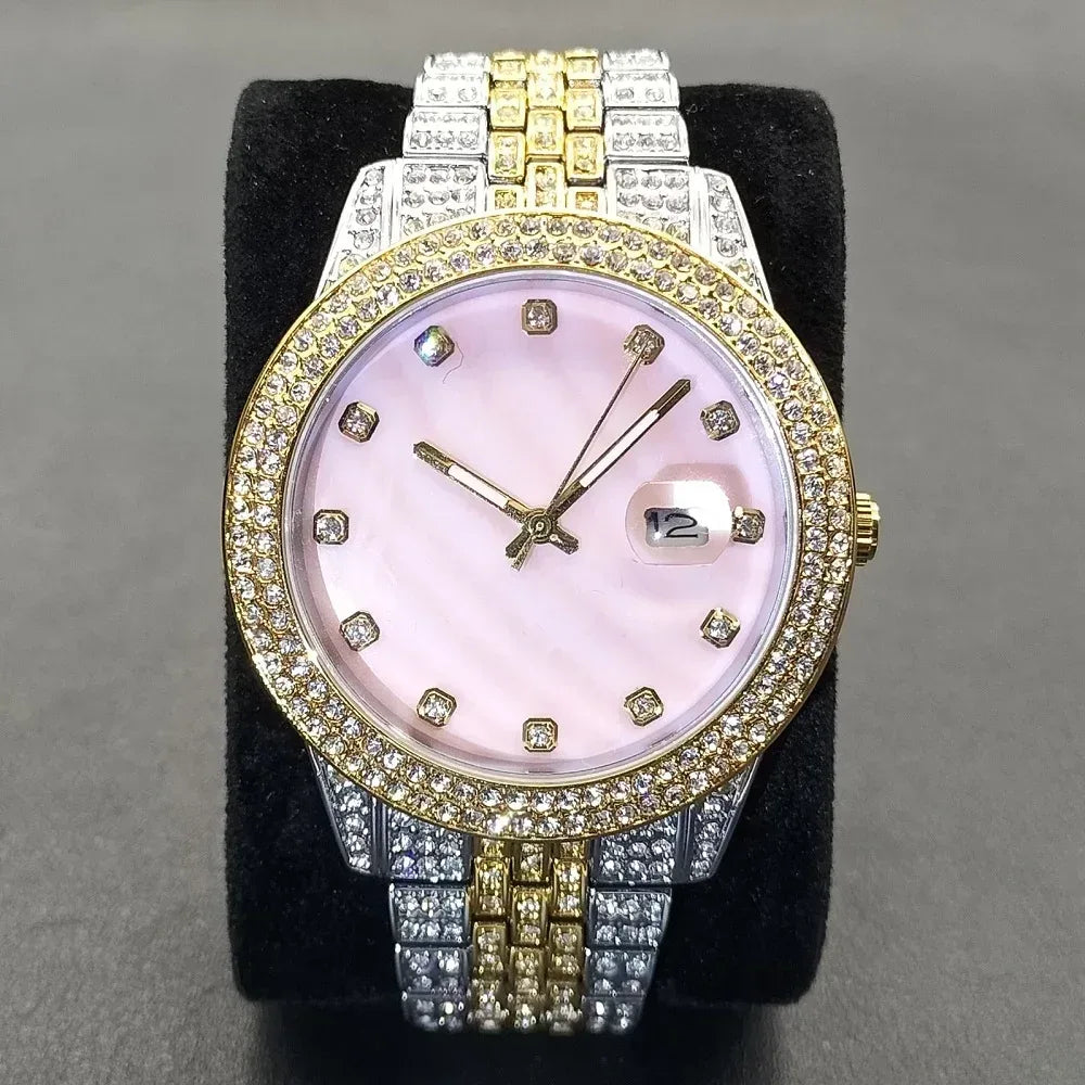 Luxury Men's Green Dial Stainless Steel Watch | Shockproof Waterproof Quartz Clock | Classic Calendar Iced Out Watch | Caratix - CaratixJewelry