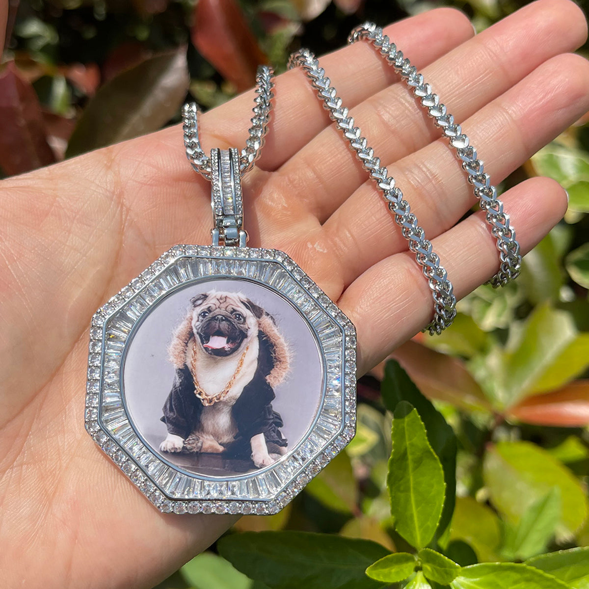 Stones and Baguette Octagon Custom Photo Picture Pendant Necklace 
