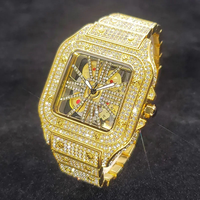 Luxury Men's Square Skeleton Watch | Iced Out Watch Stainless Steel Bracelet | Business Casual Quartz Wristwatch | Man Fashion Clock | Caratix - CaratixJewelry