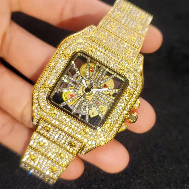 Luxury Men's Square Skeleton Watch | Iced Out Watch Stainless Steel Bracelet | Business Casual Quartz Wristwatch | Man Fashion Clock | Caratix - CaratixJewelry