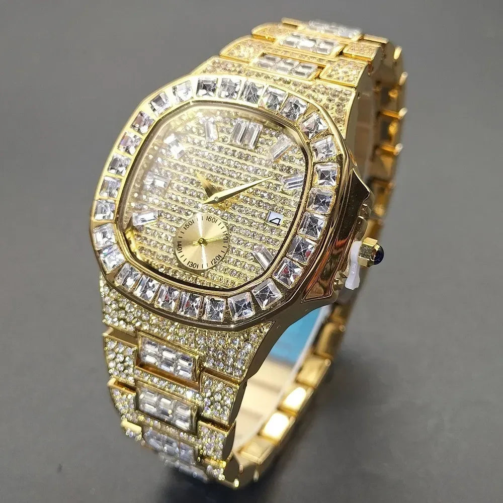 Luxury Big Men's Watch | Rose Gold Iced Out Watch | Crystal Rhinestone Analog Japan Quartz Wristwatch | Fashion Male Clock | Caratix - CaratixJewelry