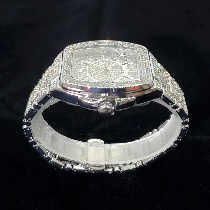 Luxury Silver Tonneau Watch for Men | Bling Bling Hip Hop Iced Out Watch | 2026 Fashion Quartz Wristwatch | Relogio Masculino Hot Sale | Caratix - CaratixJewelry