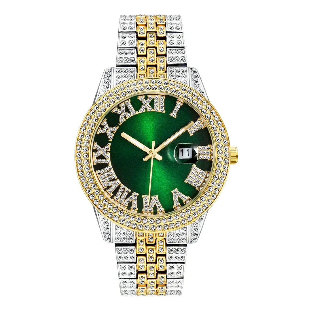 Luxury 18K Gold Men's Iced Out Watch | Full Stainless Steel Wristwatch | Luminous Waterproof Calendar Clock | Caratix - CaratixJewelry