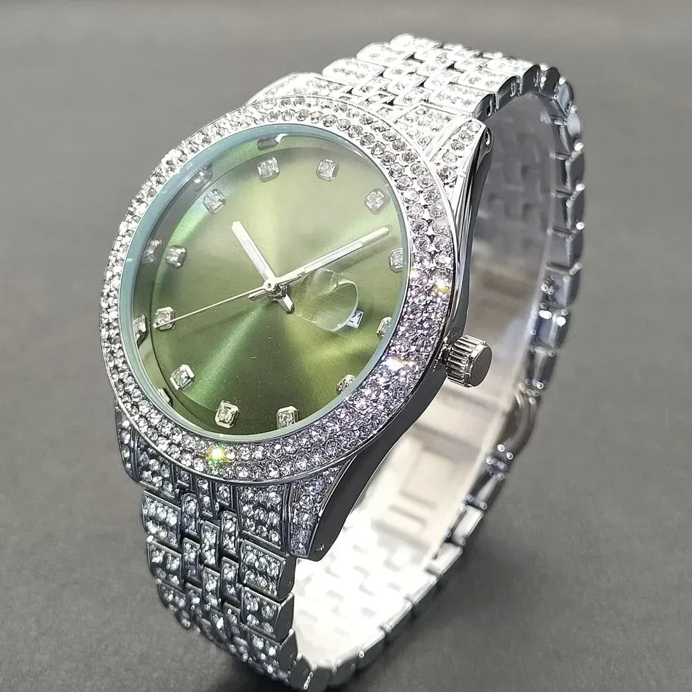 Luxury Men's Green Dial Stainless Steel Watch | Shockproof Waterproof Quartz Clock | Classic Calendar Iced Out Watch | Caratix - CaratixJewelry