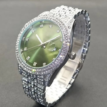 Luxury Men's Green Dial Stainless Steel Watch | Shockproof Waterproof Quartz Clock | Classic Calendar Iced Out Watch | Caratix - CaratixJewelry