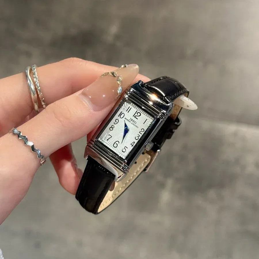 Luxury Reversible Case Women's Square Watch | 21*36mm Silver Niche Design Iced Out Watch | Retro Leather Strap Quartz Timepiece | Caratix - CaratixJewelry