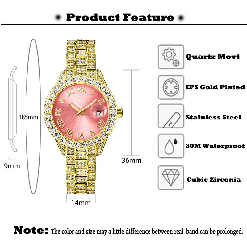 Small Pink Watch for Women | Elegant Iced Out Mini Dial Dress Watch | Luxury Calendar Ladies Wristwatch | Geschenk Frauen | Caratix - CaratixJewelry