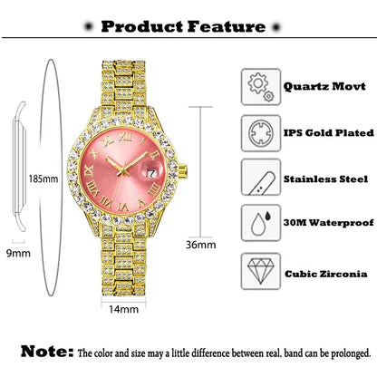 Small Pink Watch for Women | Elegant Iced Out Mini Dial Dress Watch | Luxury Calendar Ladies Wristwatch | Geschenk Frauen | Caratix - CaratixJewelry