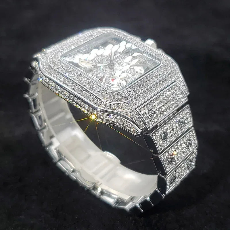 Luxury Men's Square Skeleton Watch | Iced Out Watch Stainless Steel Bracelet | Business Casual Quartz Wristwatch | Man Fashion Clock | Caratix - CaratixJewelry