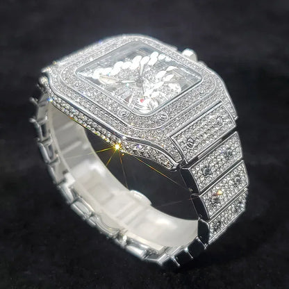 Luxury Men's Square Skeleton Watch | Iced Out Watch Stainless Steel Bracelet | Business Casual Quartz Wristwatch | Man Fashion Clock | Caratix - CaratixJewelry