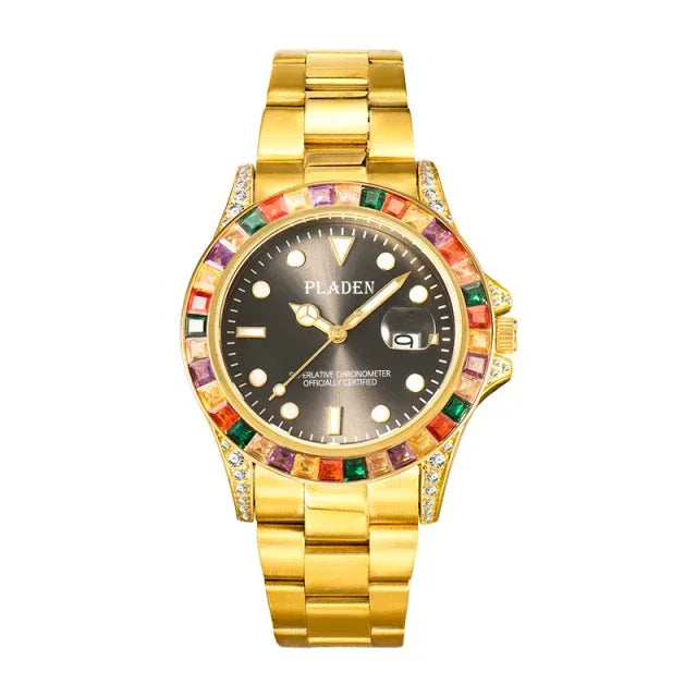 Luxury 18k Gold Men's Iced Out Watch | Stainless Steel Round Wristwatch | Hip Hop Exquisite Male Clock | Caratix - CaratixJewelry